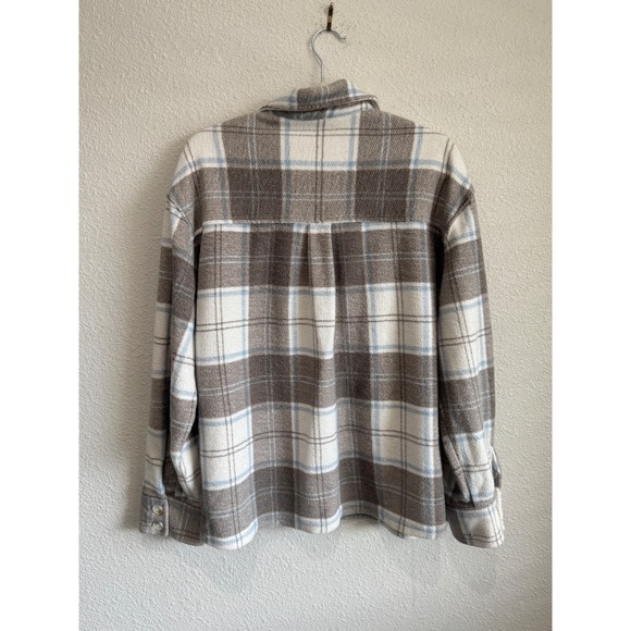 American Eagle Sherpa Plaid Flannel‎ Oversized Shirt Jacket L Shacket Gorpcore - Picture 11 of 12
